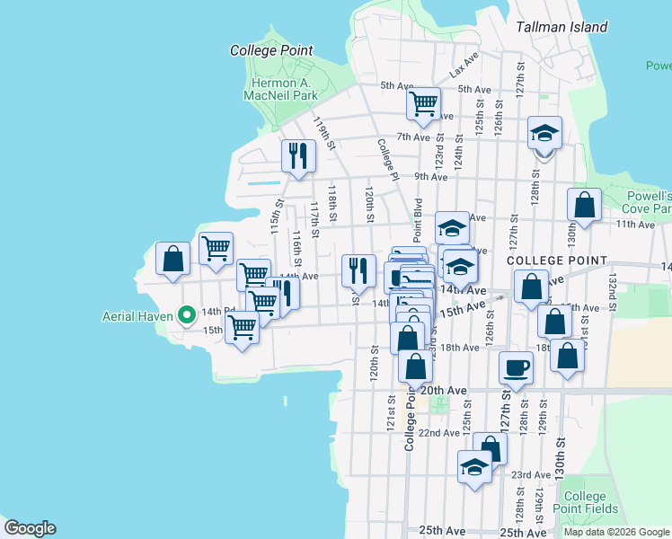 map of restaurants, bars, coffee shops, grocery stores, and more near 1241 118th Street in Queens