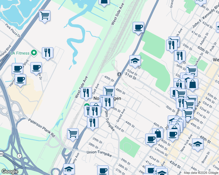 map of restaurants, bars, coffee shops, grocery stores, and more near 4808 Aschoff Place in North Bergen