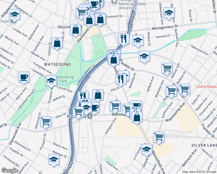 map of restaurants, bars, coffee shops, grocery stores, and more near 95 Hill Street in Bloomfield