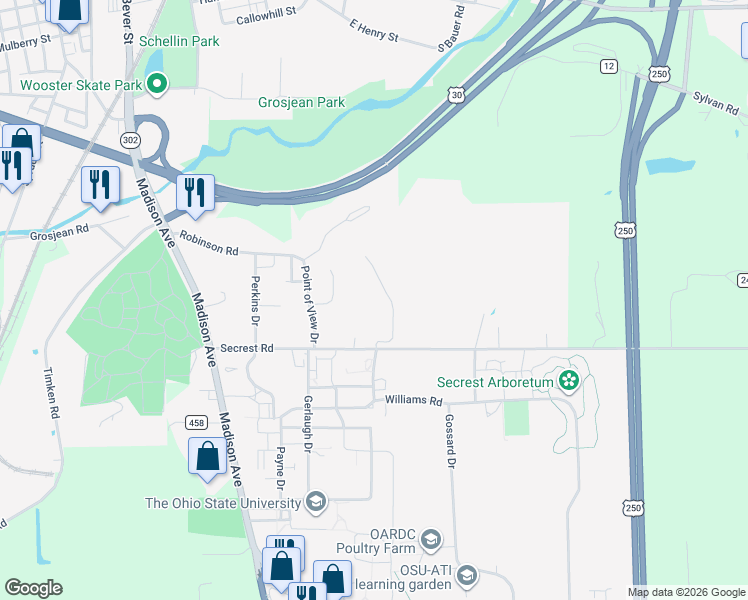 map of restaurants, bars, coffee shops, grocery stores, and more near 846 Woods Edge Court in Wooster