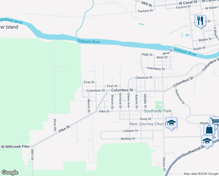 map of restaurants, bars, coffee shops, grocery stores, and more near 1301 1st Street in Wabash