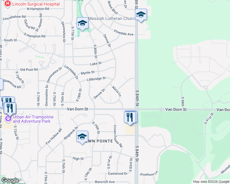 map of restaurants, bars, coffee shops, grocery stores, and more near 8210 Karl Ridge Road in Lincoln