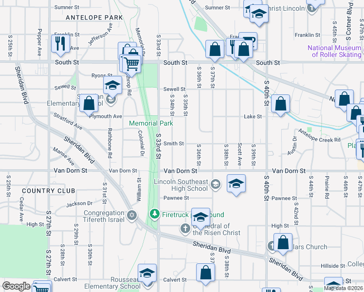 map of restaurants, bars, coffee shops, grocery stores, and more near 2635 South 35th Street in Lincoln