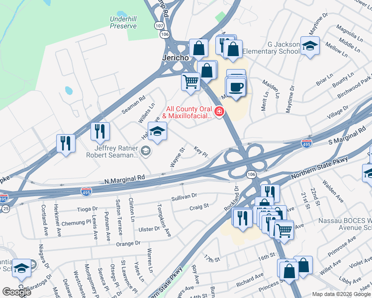 map of restaurants, bars, coffee shops, grocery stores, and more near 103 Wayne Street in Jericho