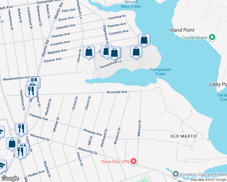 map of restaurants, bars, coffee shops, grocery stores, and more near 45 Riverside Avenue in Mastic Beach