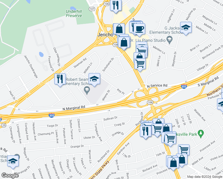 map of restaurants, bars, coffee shops, grocery stores, and more near 103 Wayne Street in Jericho