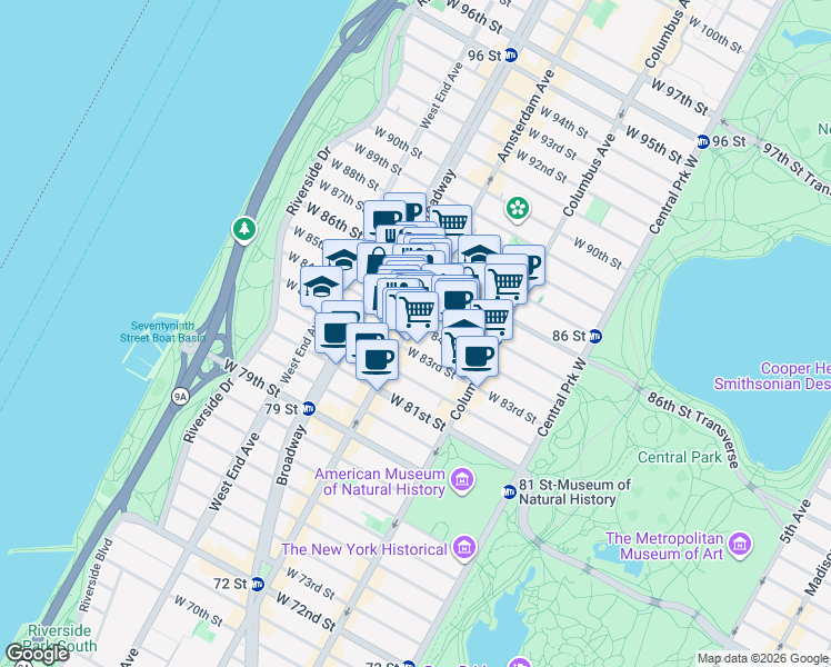 map of restaurants, bars, coffee shops, grocery stores, and more near 493 Amsterdam Avenue in New York