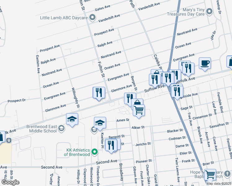 map of restaurants, bars, coffee shops, grocery stores, and more near 44 Glenmore Avenue in Brentwood