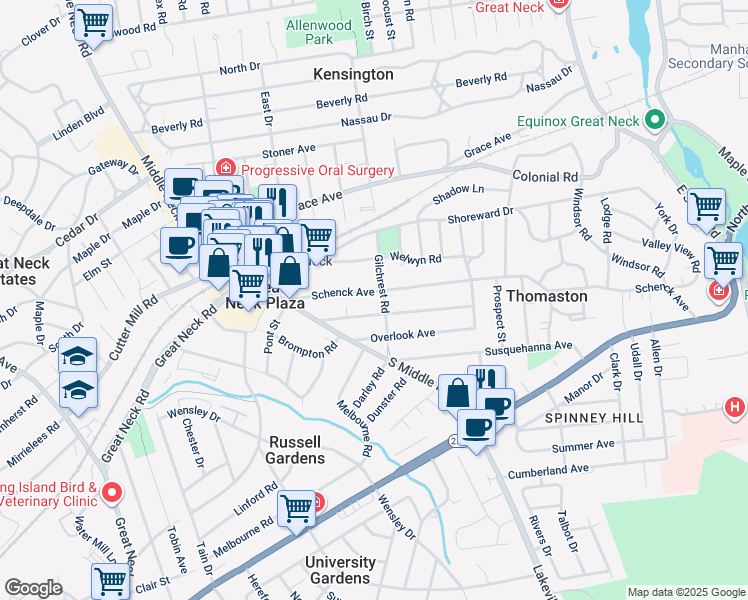map of restaurants, bars, coffee shops, grocery stores, and more near 117 Schenck Avenue in Great Neck