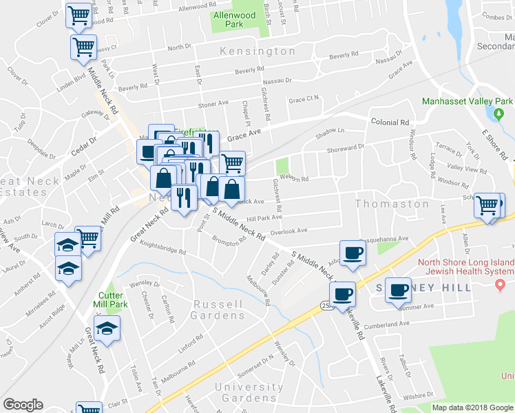 map of restaurants, bars, coffee shops, grocery stores, and more near 21 Schenck Avenue in Great Neck Plaza