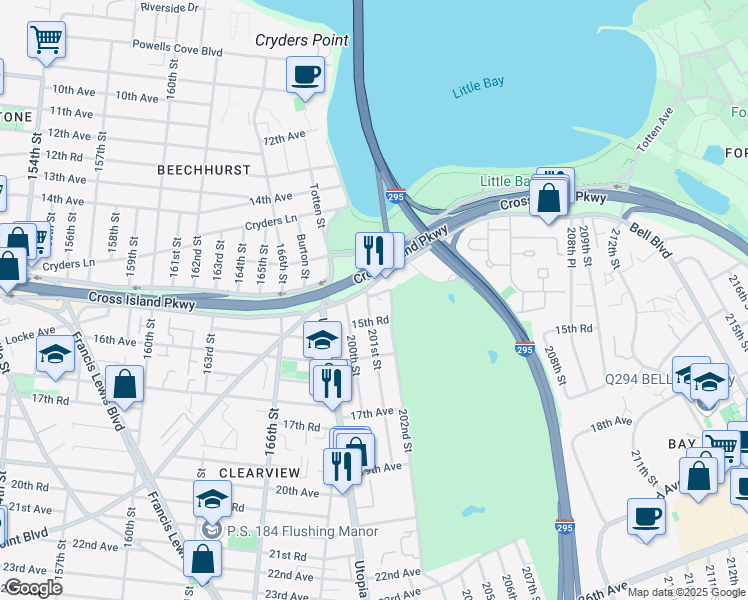 map of restaurants, bars, coffee shops, grocery stores, and more near 201-10 Cross Island Parkway in Queens