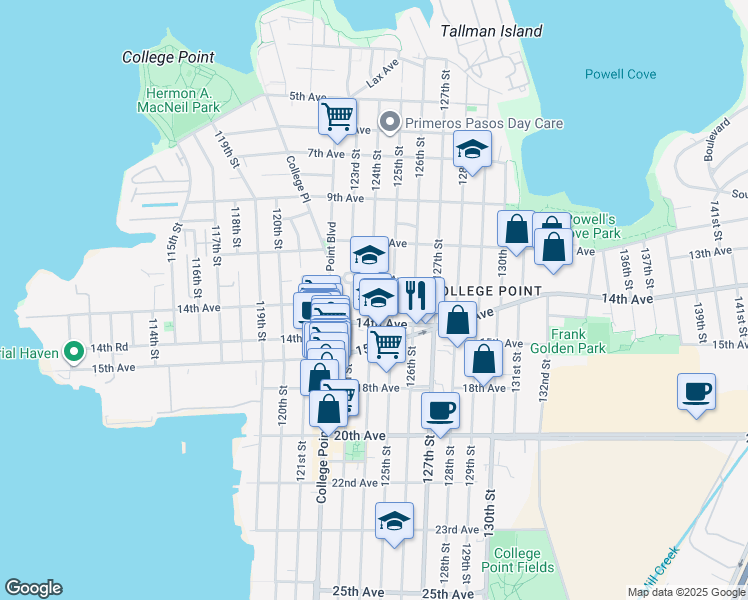 map of restaurants, bars, coffee shops, grocery stores, and more near 13-07 124th Street in Queens
