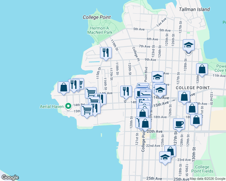 map of restaurants, bars, coffee shops, grocery stores, and more near 12-47 116th Street in Queens