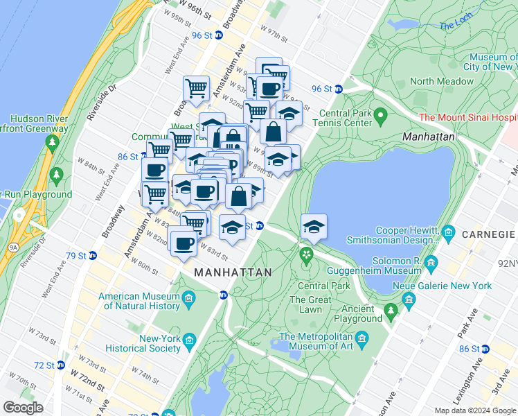map of restaurants, bars, coffee shops, grocery stores, and more near 7 West 87th Street in New York