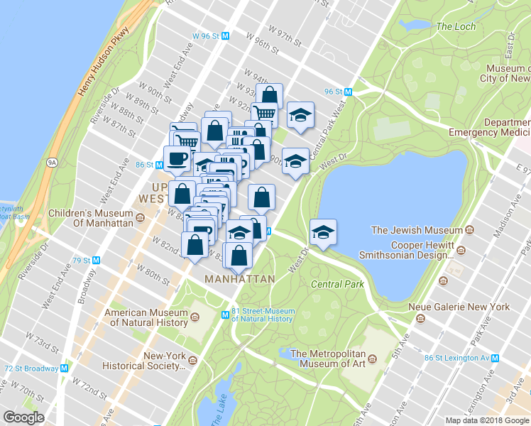 map of restaurants, bars, coffee shops, grocery stores, and more near 7 West 87th Street in New York