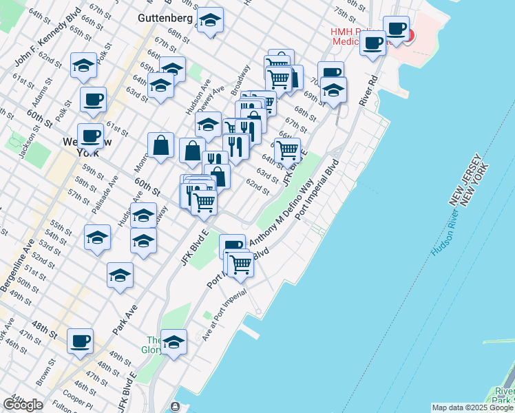 map of restaurants, bars, coffee shops, grocery stores, and more near 6114 Highland Place in West New York