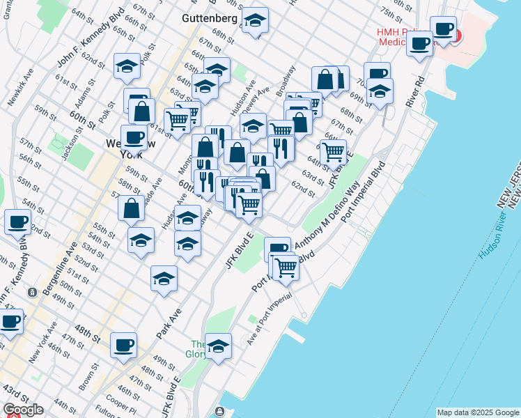 map of restaurants, bars, coffee shops, grocery stores, and more near 6035 Park Avenue in West New York