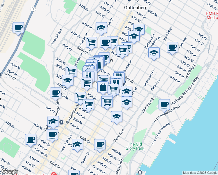 map of restaurants, bars, coffee shops, grocery stores, and more near 410 57th Street in West New York