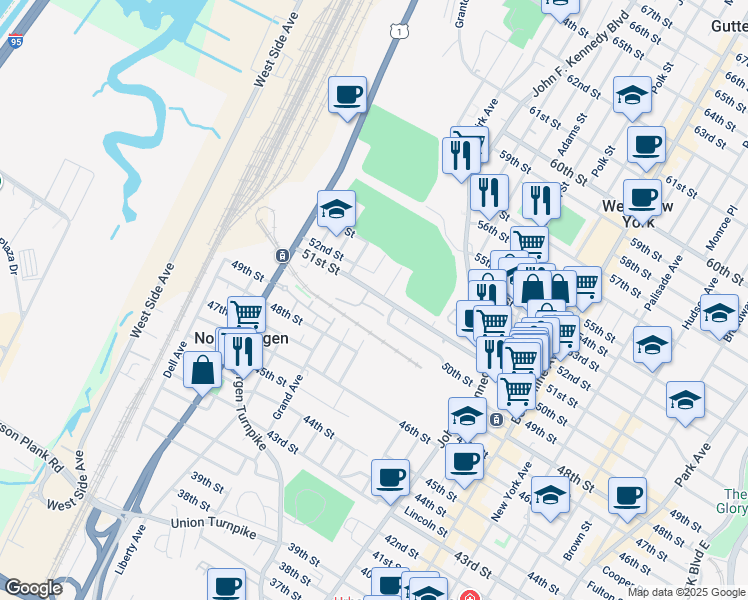 map of restaurants, bars, coffee shops, grocery stores, and more near 1453 51st Street in North Bergen