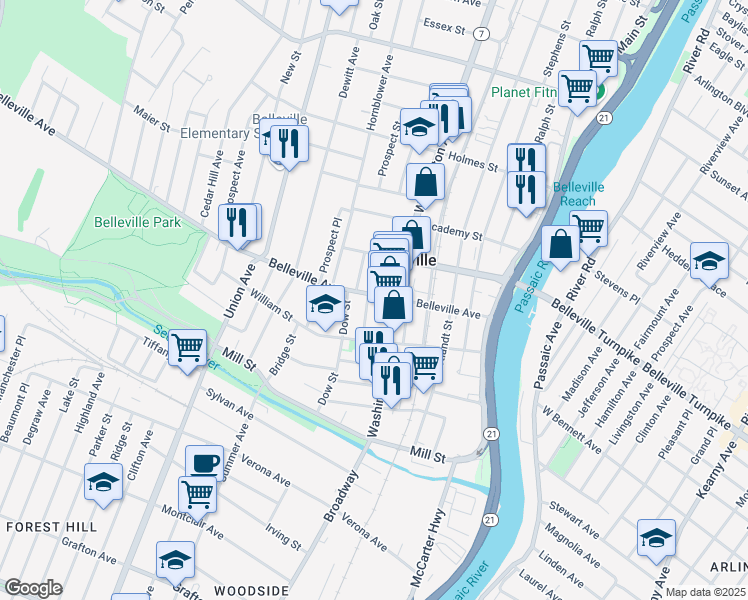 map of restaurants, bars, coffee shops, grocery stores, and more near 106 Belleville Avenue in Belleville