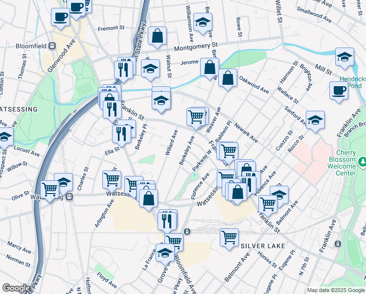 map of restaurants, bars, coffee shops, grocery stores, and more near 170 Berkeley Avenue in Bloomfield