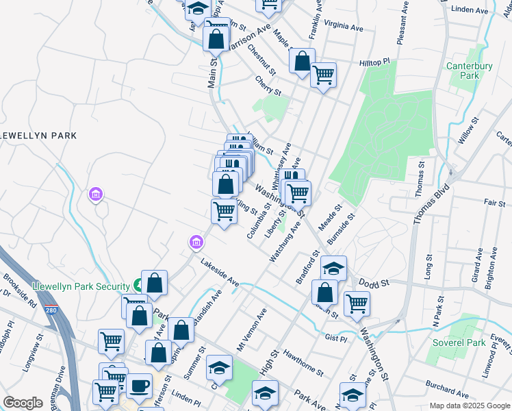 map of restaurants, bars, coffee shops, grocery stores, and more near 80 Washington Street in West Orange