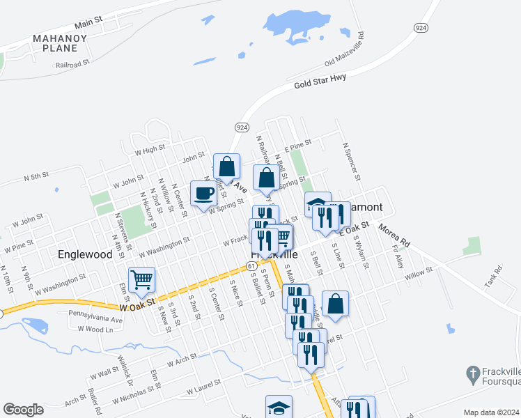 map of restaurants, bars, coffee shops, grocery stores, and more near 65 North Lehigh Avenue in Frackville