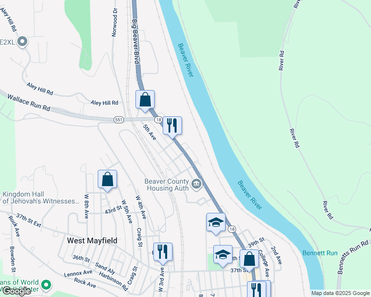 map of restaurants, bars, coffee shops, grocery stores, and more near 4617 Pennsylvania 18 in Beaver Falls