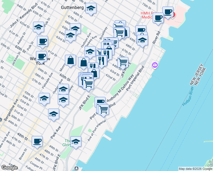 map of restaurants, bars, coffee shops, grocery stores, and more near 6044 Highland Place in West New York