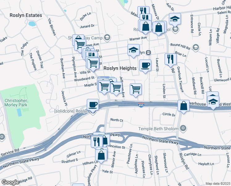map of restaurants, bars, coffee shops, grocery stores, and more near 22 High Street in Roslyn Heights