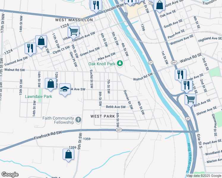 map of restaurants, bars, coffee shops, grocery stores, and more near 817 6th Street Southwest in Massillon
