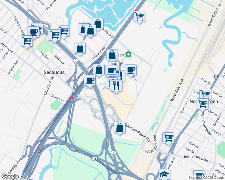 map of restaurants, bars, coffee shops, grocery stores, and more near 700 Plaza Drive in Secaucus