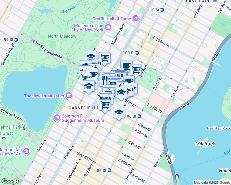 map of restaurants, bars, coffee shops, grocery stores, and more near 145 East 96th Street in New York