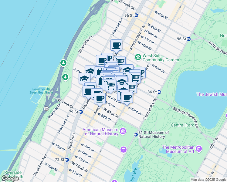 map of restaurants, bars, coffee shops, grocery stores, and more near 175 West 84th Street in New York