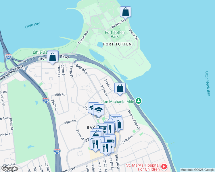 map of restaurants, bars, coffee shops, grocery stores, and more near 15-54 216th Street in Queens
