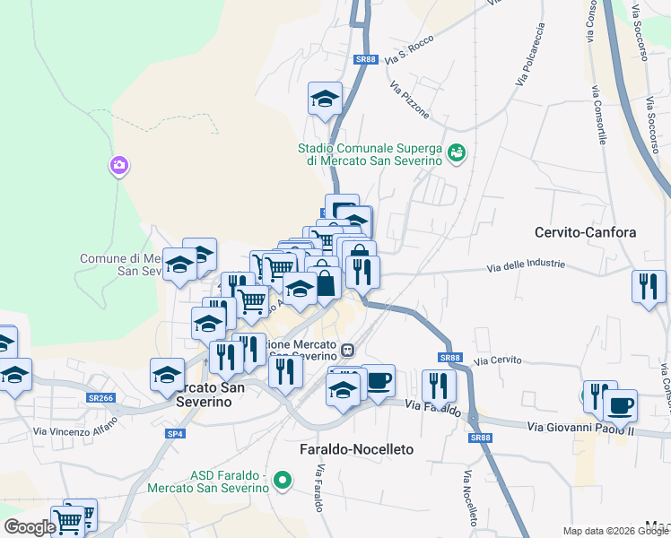 map of restaurants, bars, coffee shops, grocery stores, and more near 10 Via Parco in Mercato San Severino