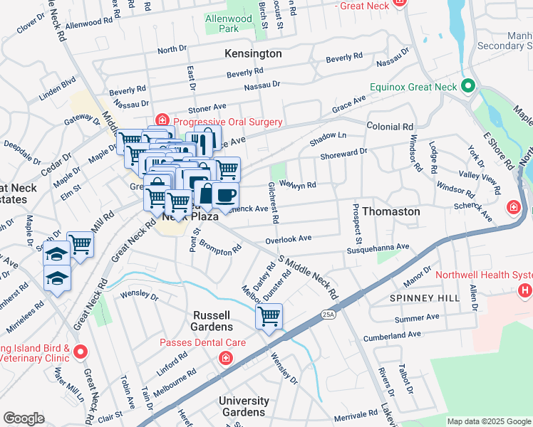 map of restaurants, bars, coffee shops, grocery stores, and more near 90 Schenck Avenue in Great Neck