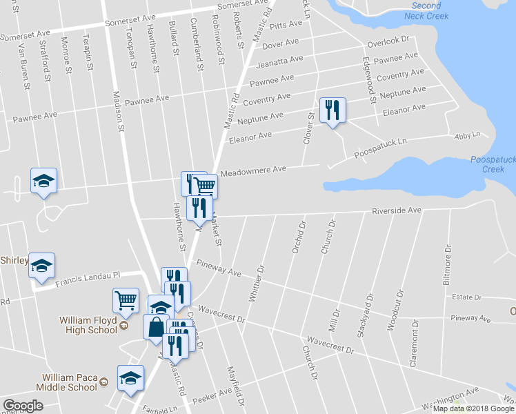 map of restaurants, bars, coffee shops, grocery stores, and more near 145 Riverside Avenue in Mastic Beach