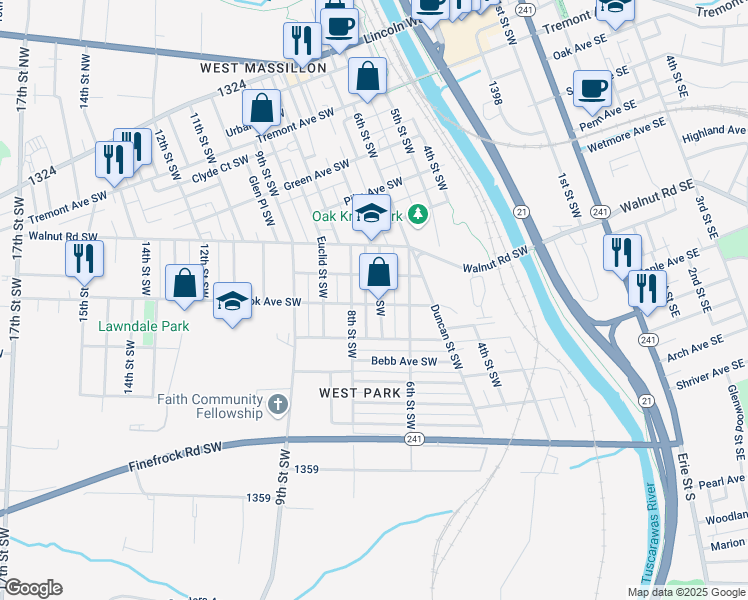 map of restaurants, bars, coffee shops, grocery stores, and more near 817 7th Street Southwest in Massillon