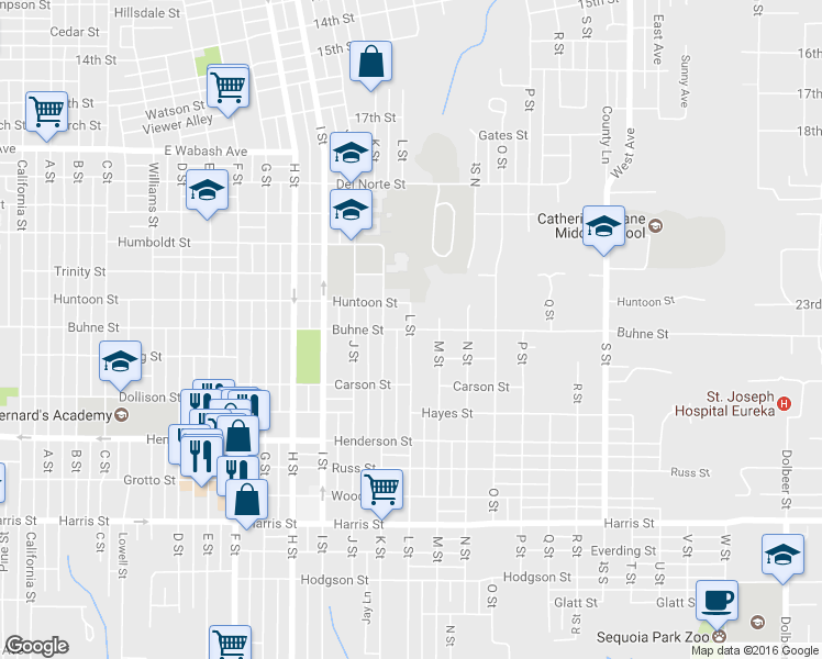 map of restaurants, bars, coffee shops, grocery stores, and more near L Street & Buhne Street in Eureka