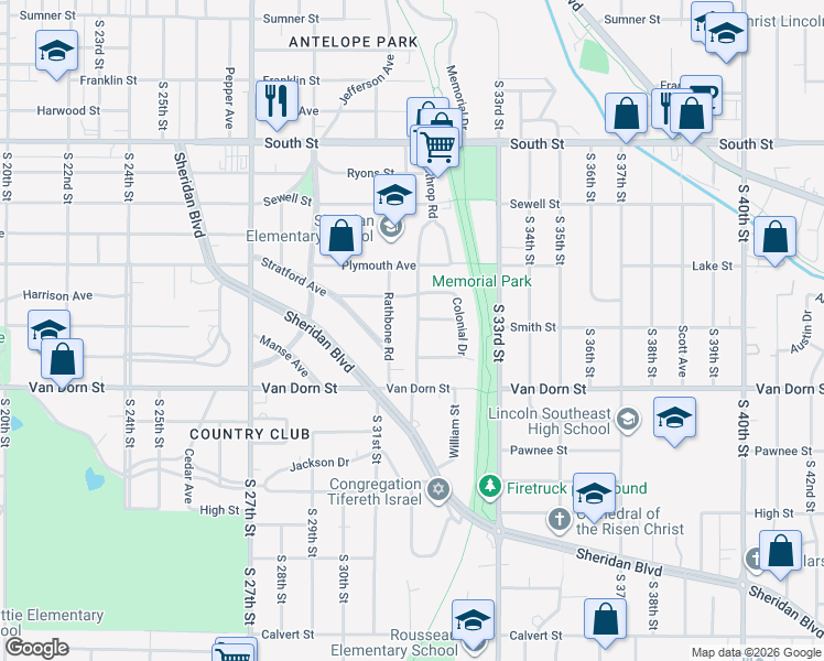 map of restaurants, bars, coffee shops, grocery stores, and more near 2621 Winthrop Road in Lincoln