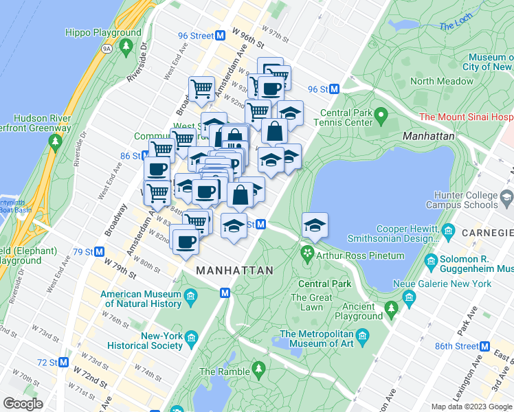 map of restaurants, bars, coffee shops, grocery stores, and more near 7 West 87th Street in New York