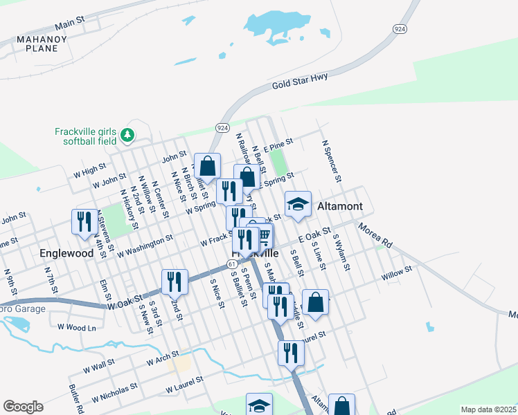 map of restaurants, bars, coffee shops, grocery stores, and more near 28 North Railroad Avenue in Frackville