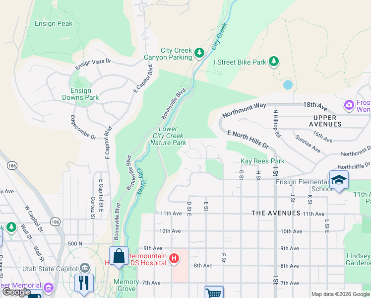 map of restaurants, bars, coffee shops, grocery stores, and more near 829 North Grandridge Drive in Salt Lake City