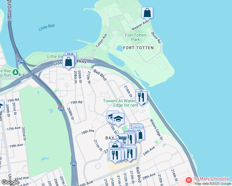 map of restaurants, bars, coffee shops, grocery stores, and more near 15-33 Bell Boulevard in Queens