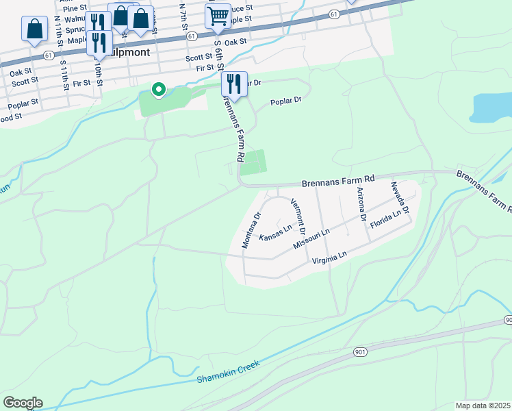 map of restaurants, bars, coffee shops, grocery stores, and more near 262 Montana Drive in Kulpmont