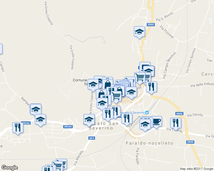 map of restaurants, bars, coffee shops, grocery stores, and more near 581 Via Municipio in Mercato San Severino
