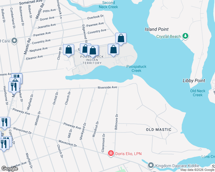 map of restaurants, bars, coffee shops, grocery stores, and more near 27 Riverside Avenue in Mastic Beach