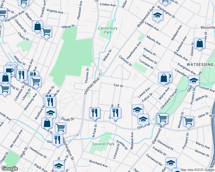 map of restaurants, bars, coffee shops, grocery stores, and more near 93 Fair Street in East Orange