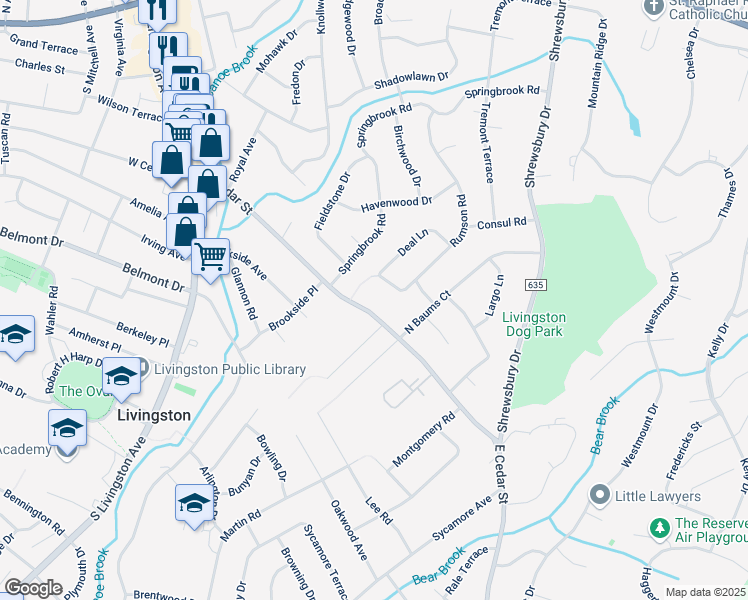 map of restaurants, bars, coffee shops, grocery stores, and more near 4 Rumson Road in Livingston
